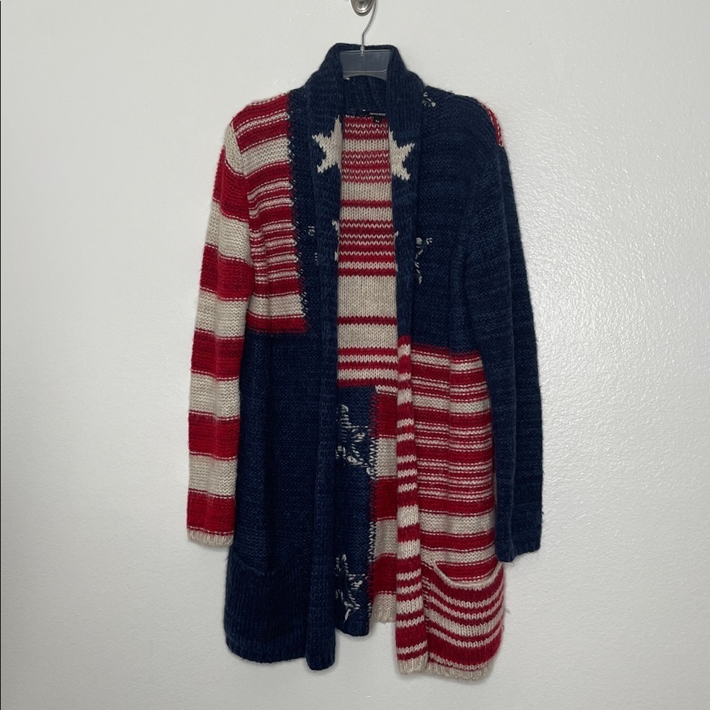 Striped Open-Front Flag Cardigan Sweater - Navy, Red & Cream